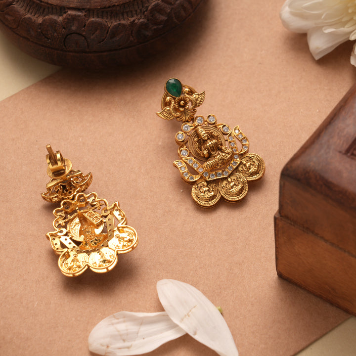 Lakshmi Devi Floral Coin Drop Golden Earrings