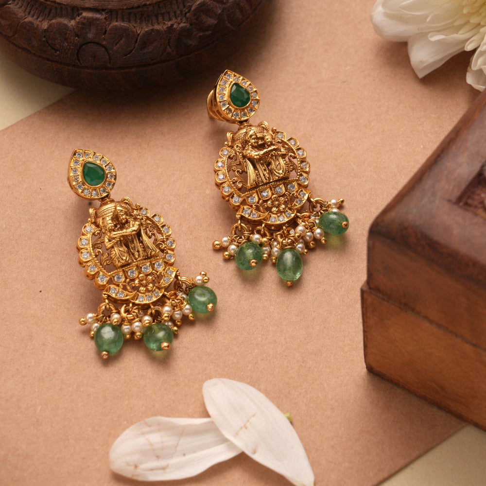 Lord Radha Krishna Emerald Beads Golden Earrings