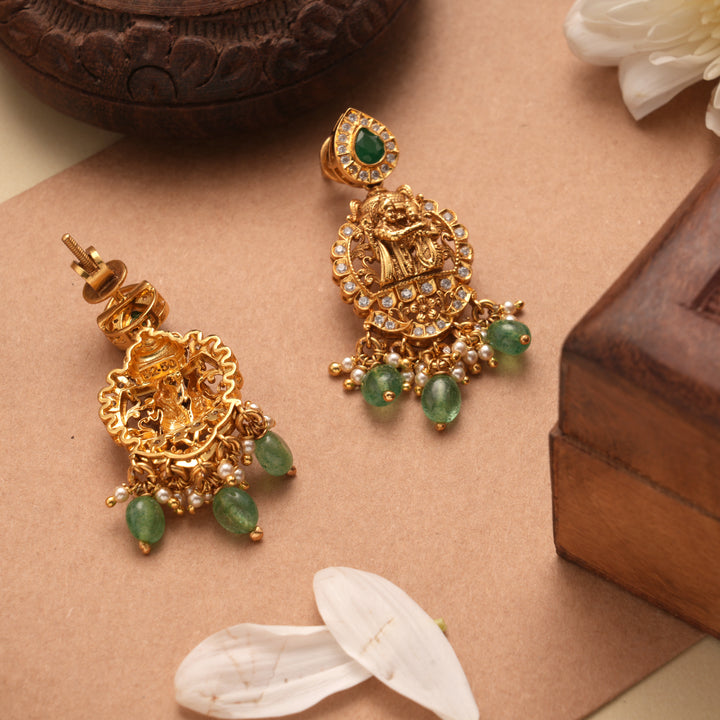 Lord Radha Krishna Emerald Beads Golden Earrings