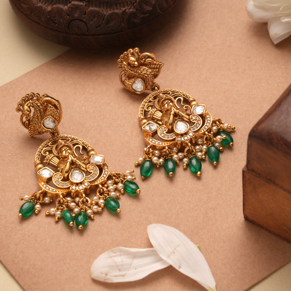 Lord Rama Design Emerald Beads Golden Earrings