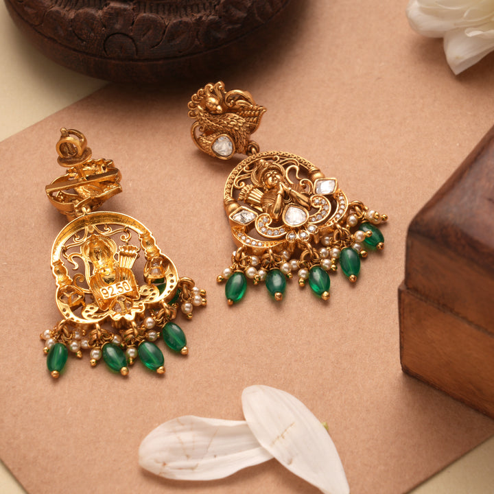 Lord Rama Design Emerald Beads Golden Earrings