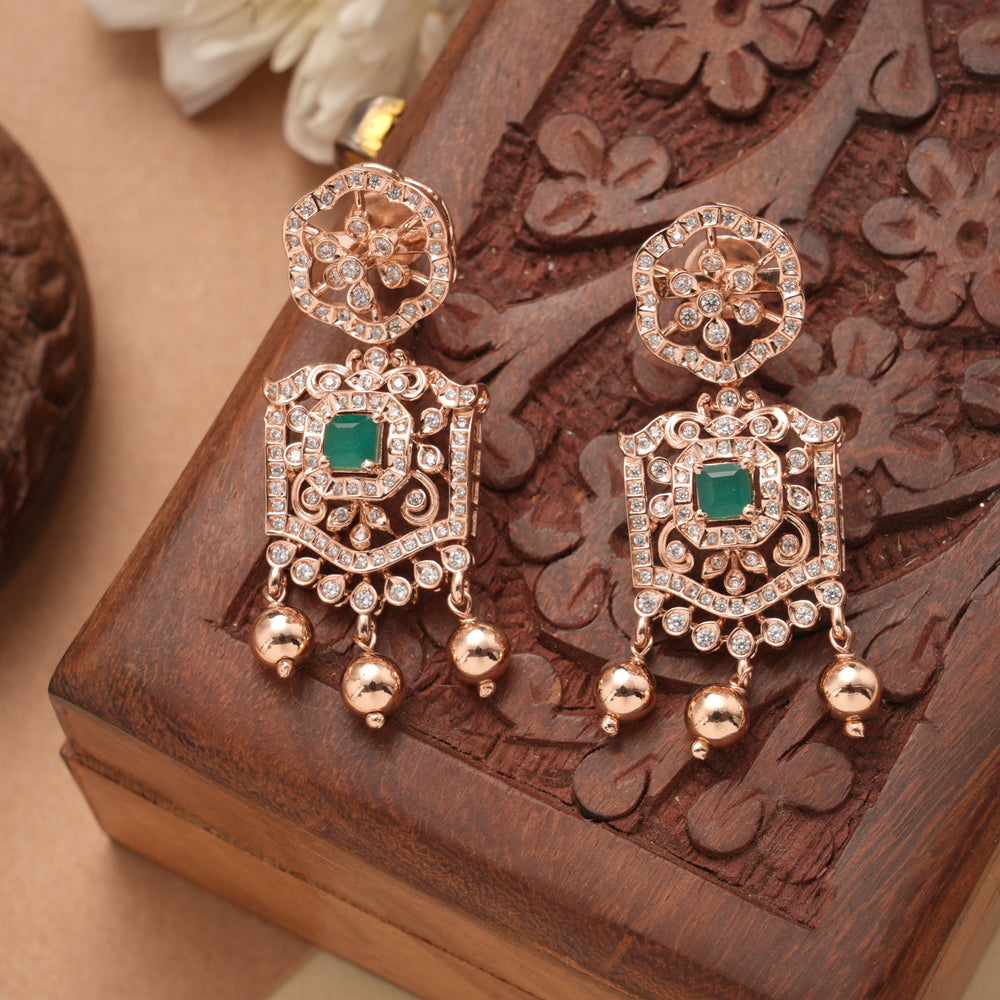 Square Floral Emerald Rose Gold Drop Silver Earrings