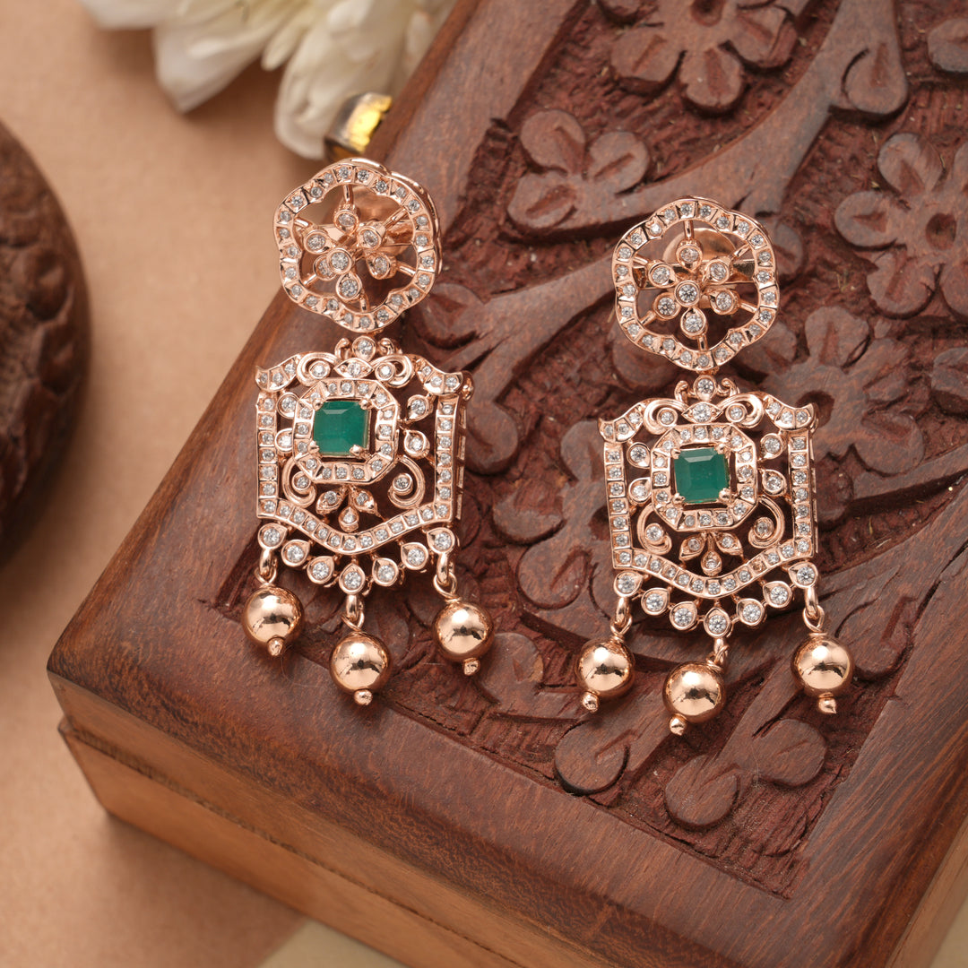 Square Floral Emerald Rose Gold Drop Silver Earrings