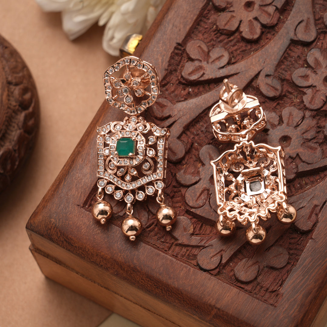 Square Floral Emerald Rose Gold Drop Silver Earrings