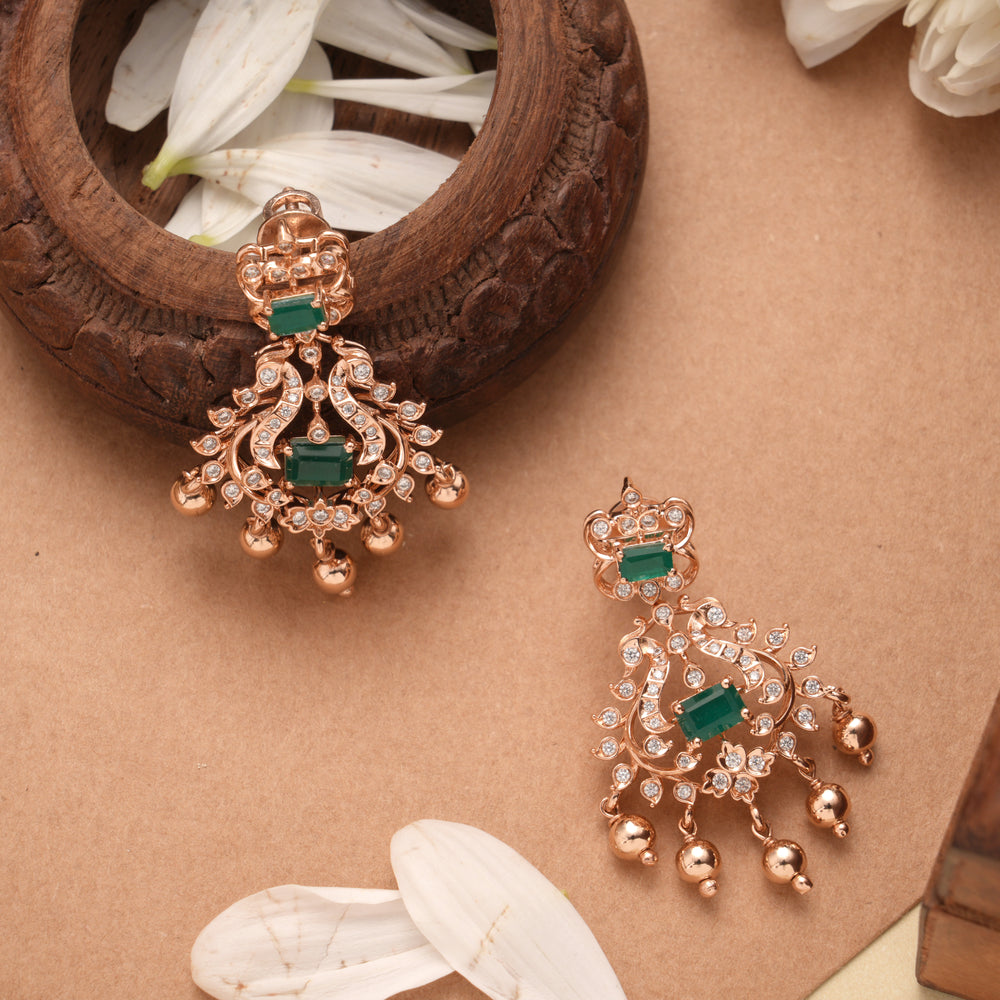 Elegant Peacock Design Rose Gold Drop Silver Earrings