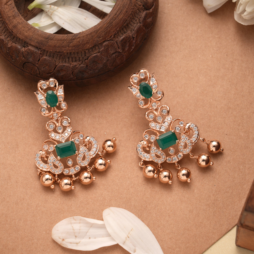 Floral Peacock Design Rose Gold Drop Silver Earrings