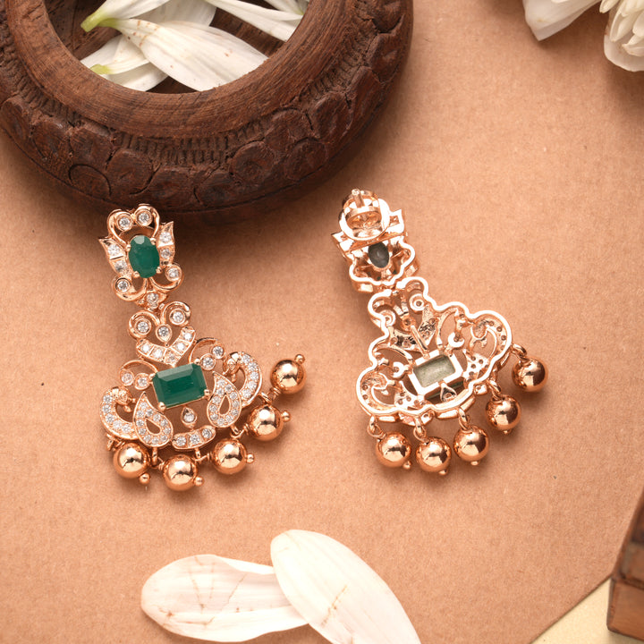 Floral Peacock Design Rose Gold Drop Silver Earrings