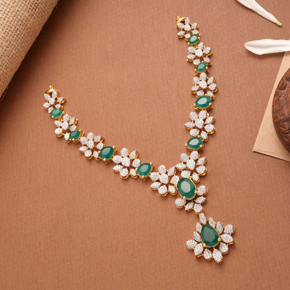 Regal Floral Emerald Tear Drop Design Golden Necklace