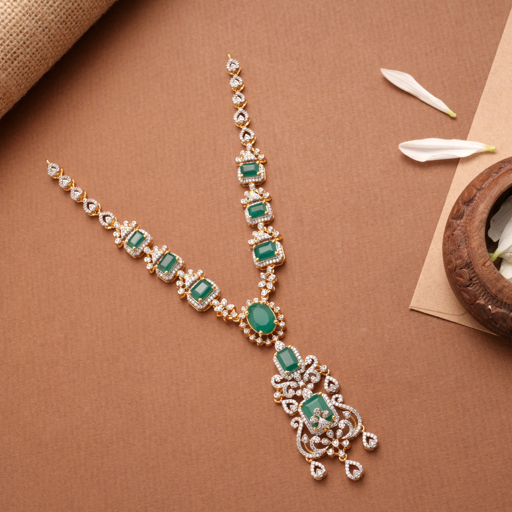 Elegant Emerald Floral Design Golden Necklace