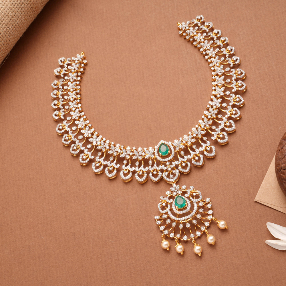 Blossom Floral Emerald Tear Drop Design Golden Necklace