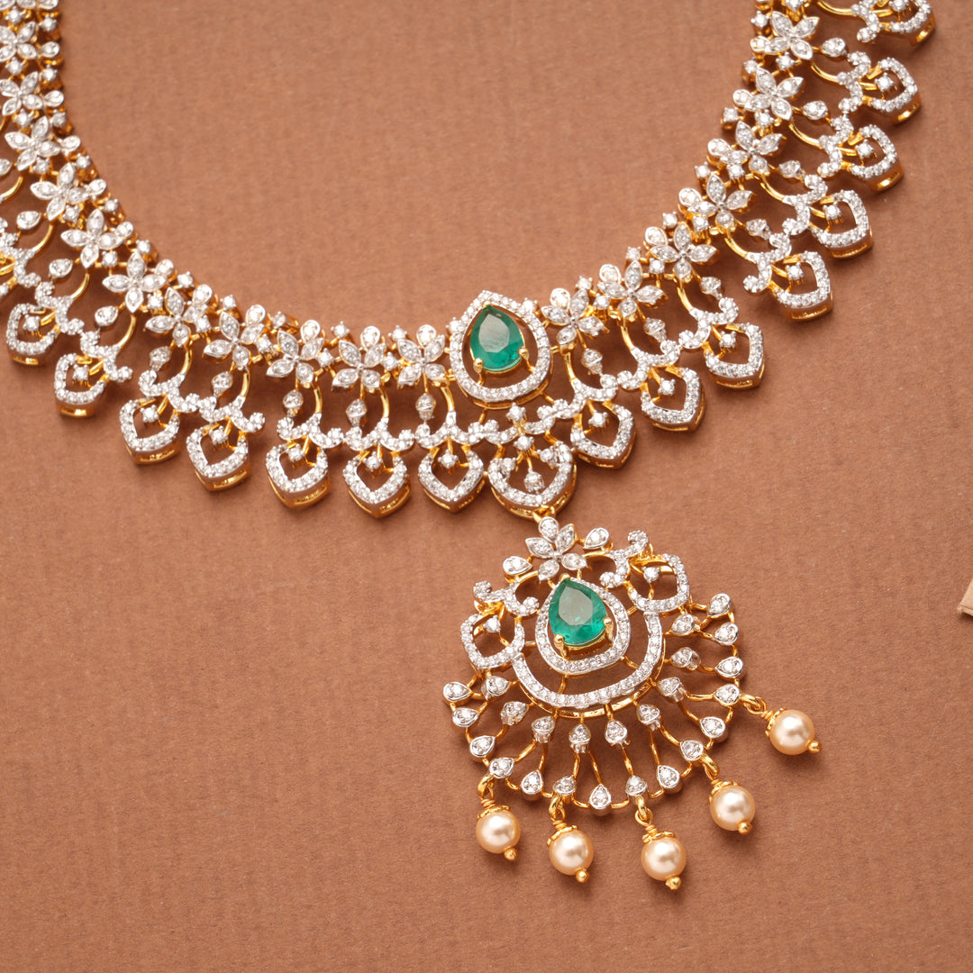 Blossom Floral Emerald Tear Drop Design Golden Necklace