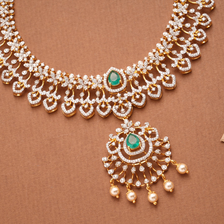 Blossom Floral Emerald Tear Drop Design Golden Necklace