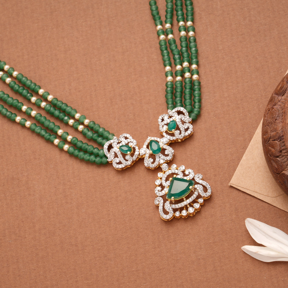 Floral Pendant Design Green Beads Golden Necklace