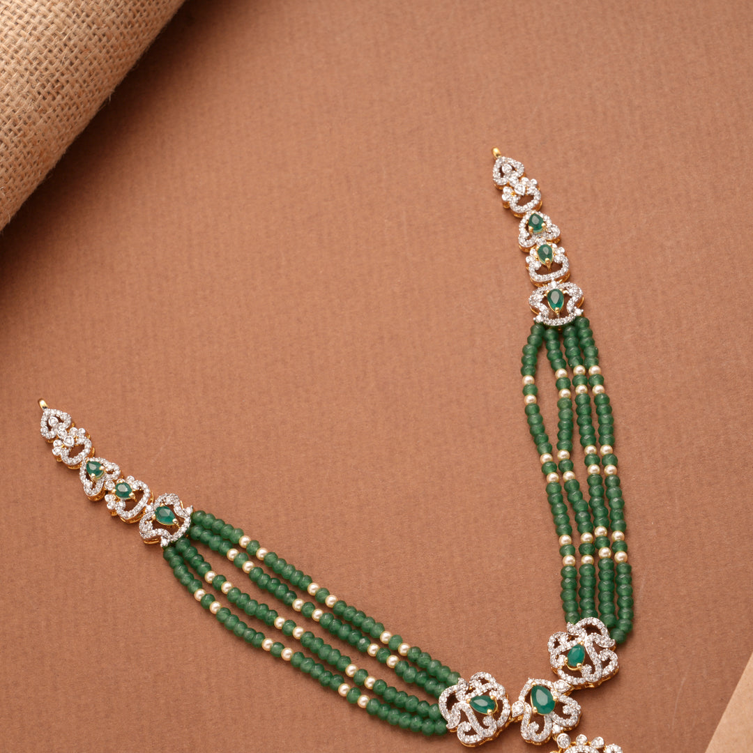 Floral Pendant Design Green Beads Golden Necklace