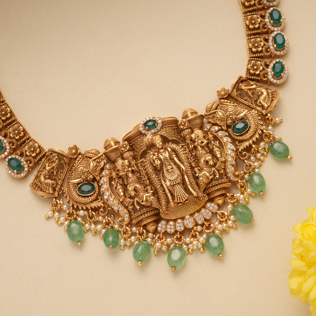Divine Nagas Aandal Amman Emerald Beads Golden Necklace