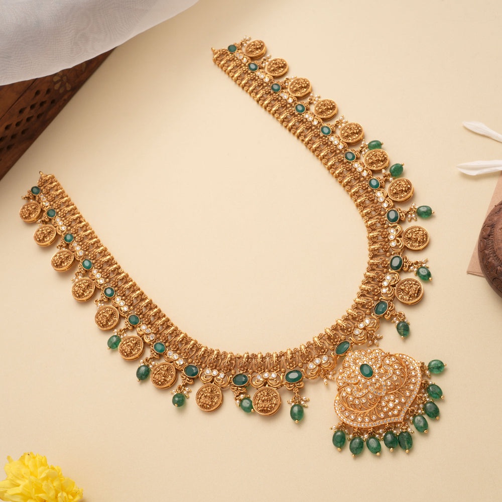 Grand Floral Lakshmi Coin Emerald Beads Golden Haram