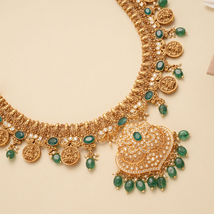 Grand Floral Lakshmi Coin Emerald Beads Golden Haram