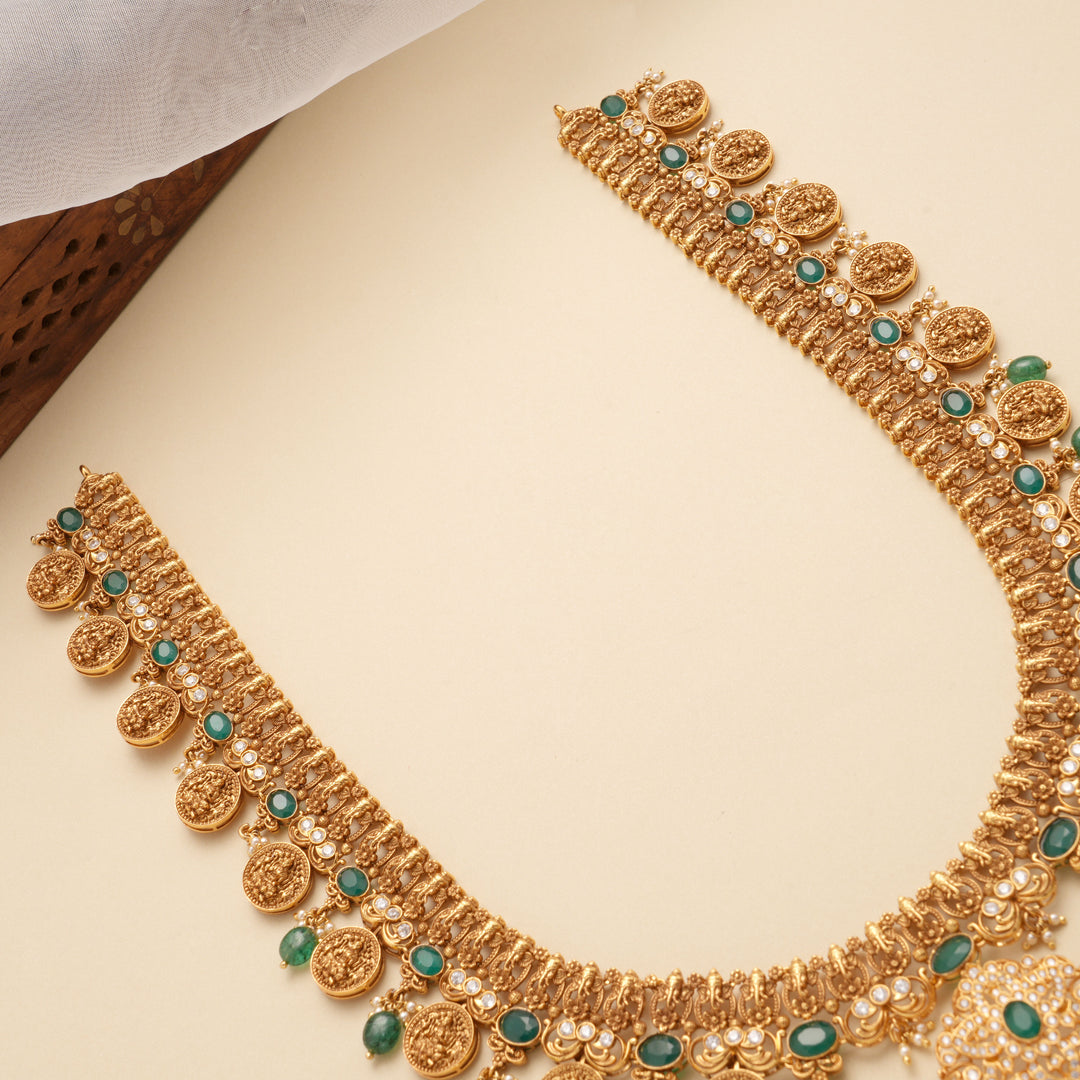 Grand Floral Lakshmi Coin Emerald Beads Golden Haram