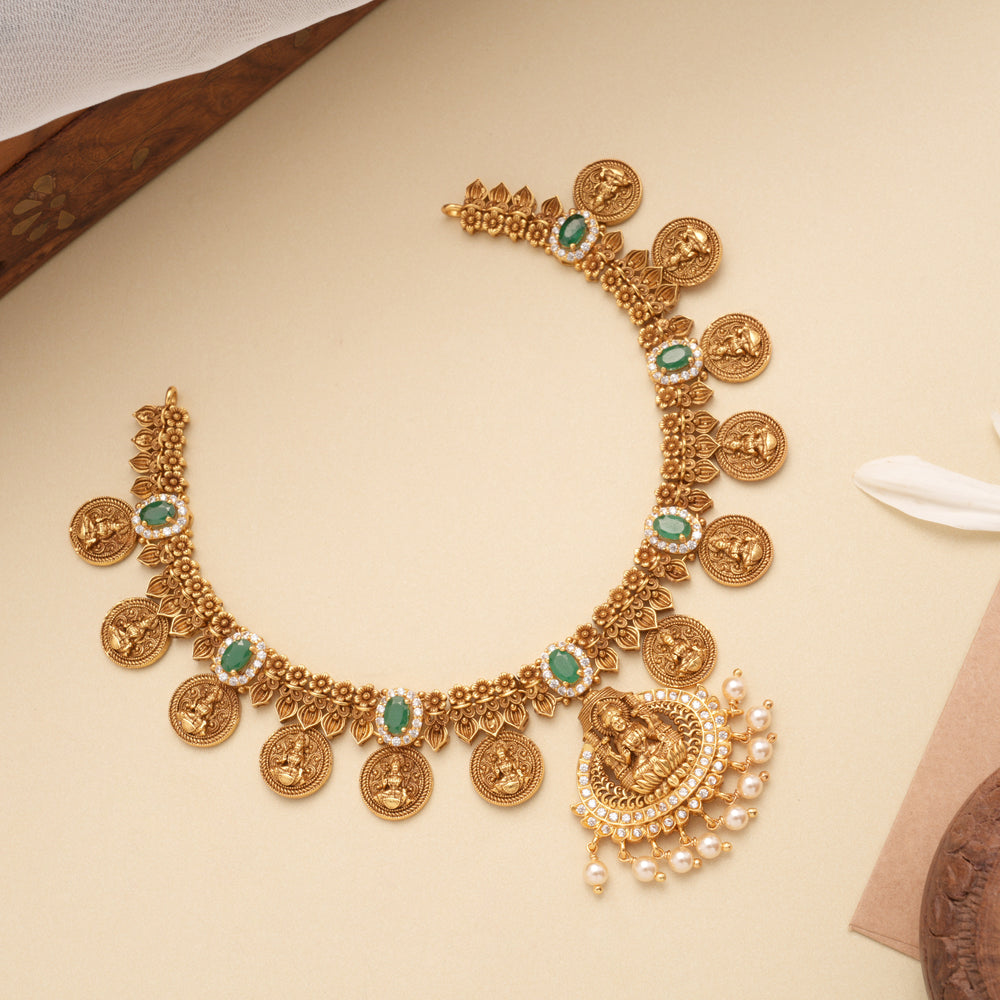 Nagas Lakshmi Coin Design Pearl Drop Golden Necklace