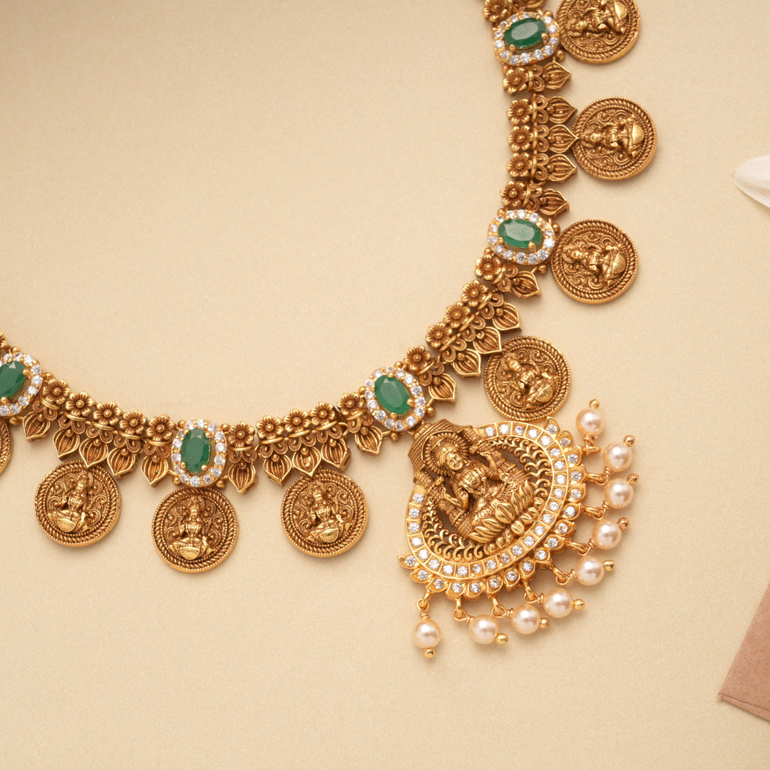 Nagas Lakshmi Coin Design Pearl Drop Golden Necklace