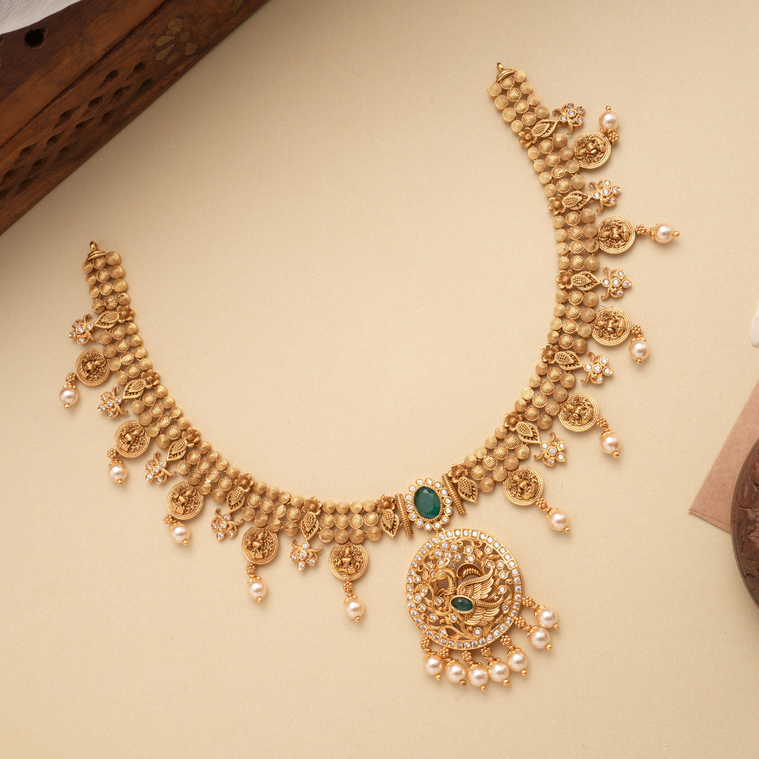 Elegant Peacock Circle Design Golden Necklace