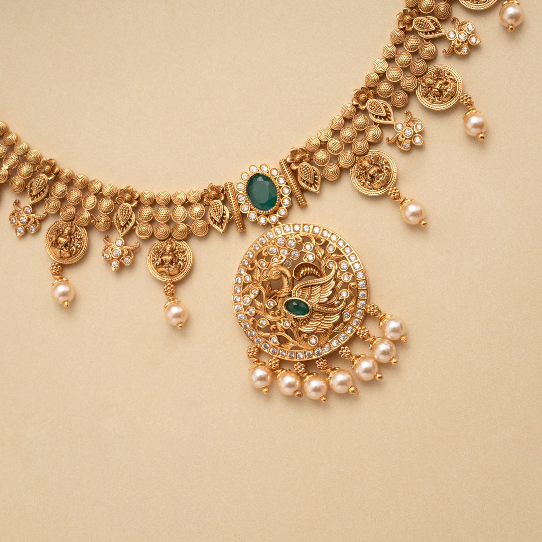 Elegant Peacock Circle Design Golden Necklace
