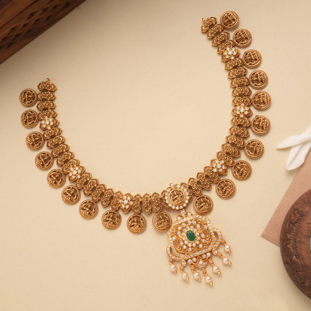 Square Floral Lakshmi Coin Design Golden Necklace