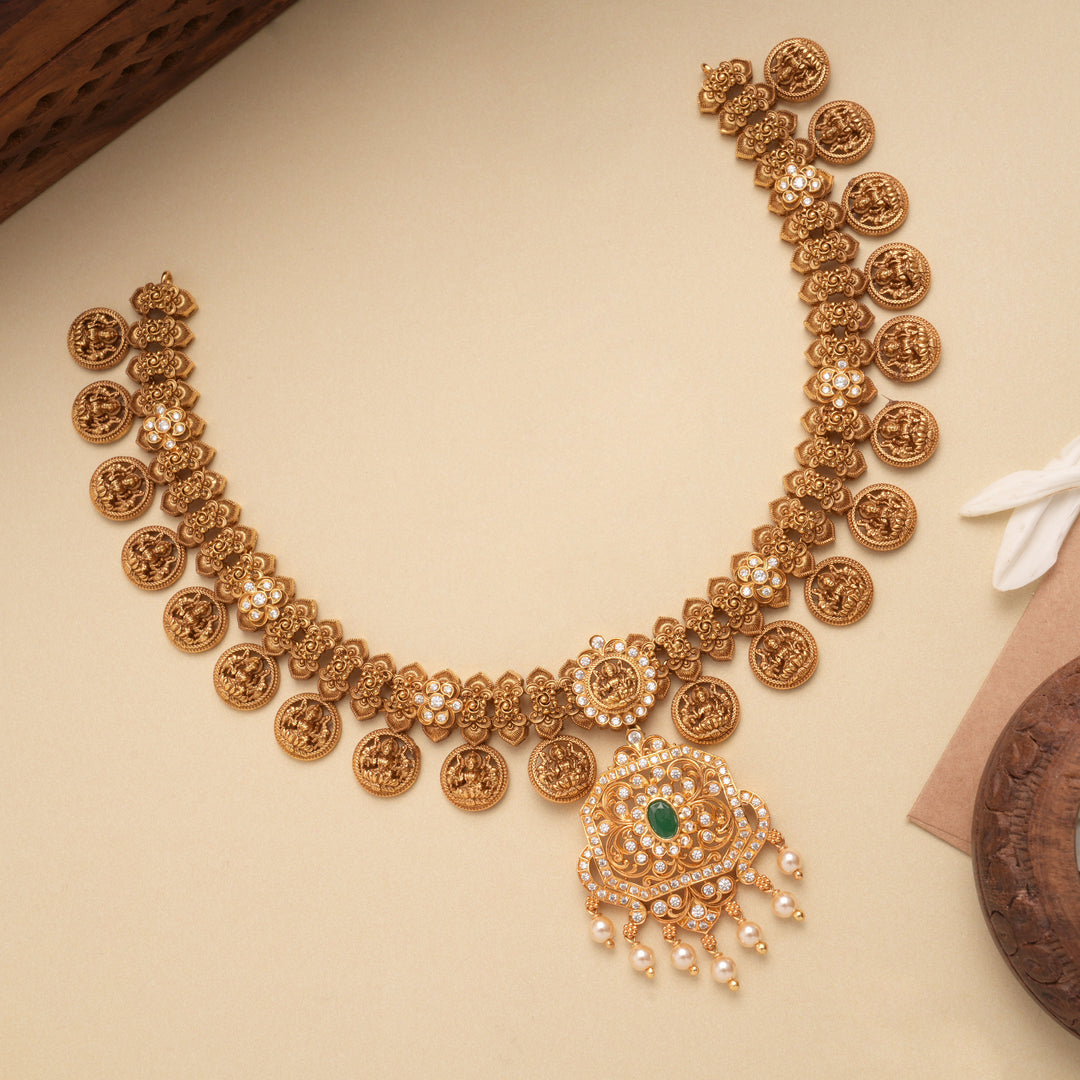 Square Floral Lakshmi Coin Design Golden Necklace