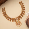 Square Floral Lakshmi Coin Design Golden Necklace