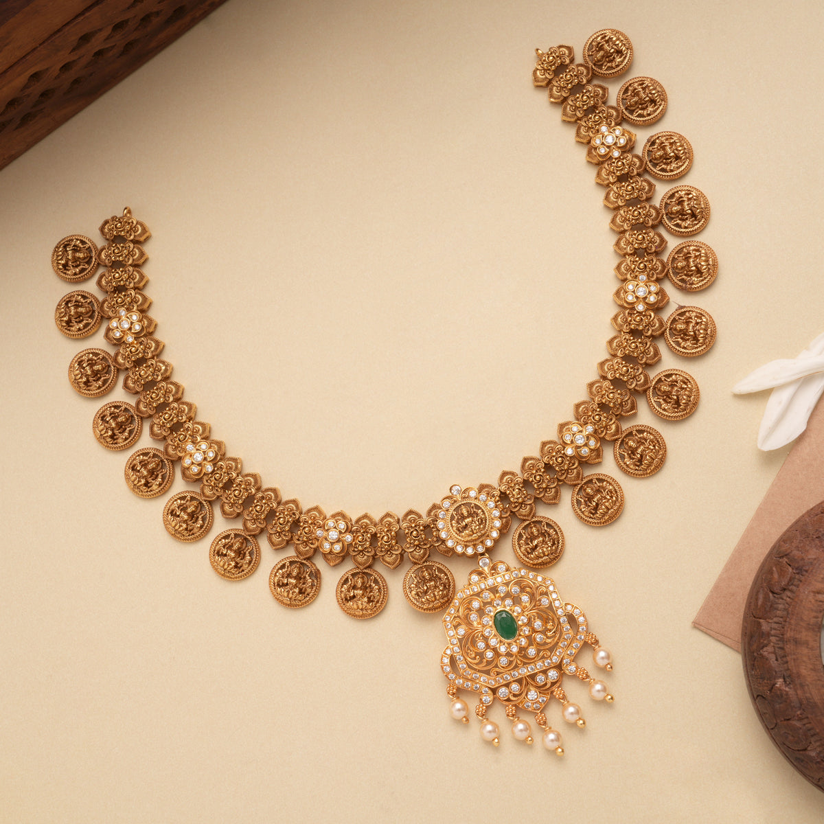 Square Floral Lakshmi Coin Design Golden Necklace