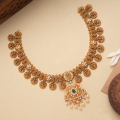 Square Floral Lakshmi Coin Design Golden Necklace