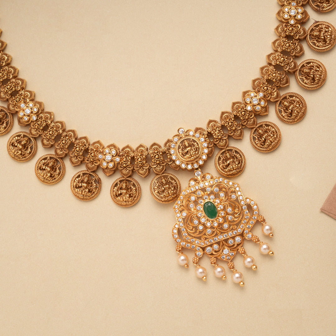 Square Floral Lakshmi Coin Design Golden Necklace