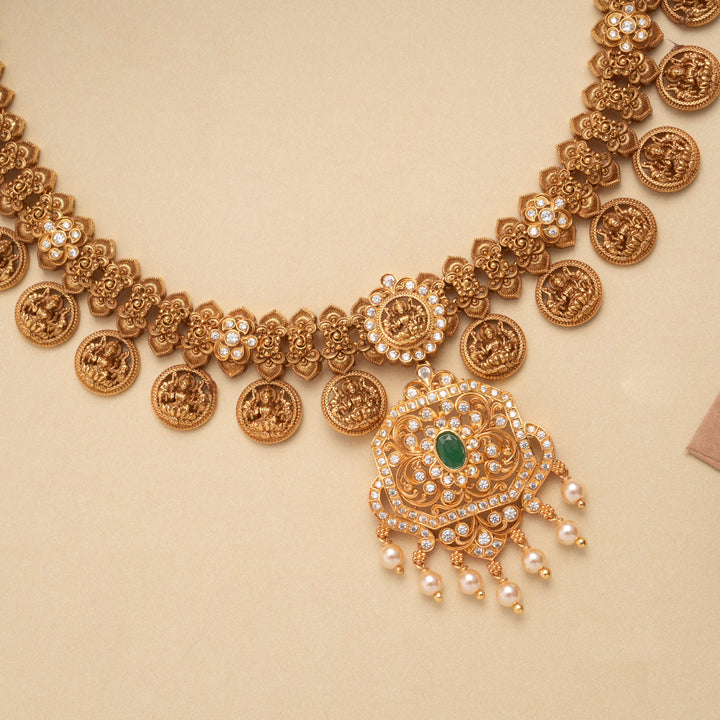 Square Floral Lakshmi Coin Design Golden Necklace