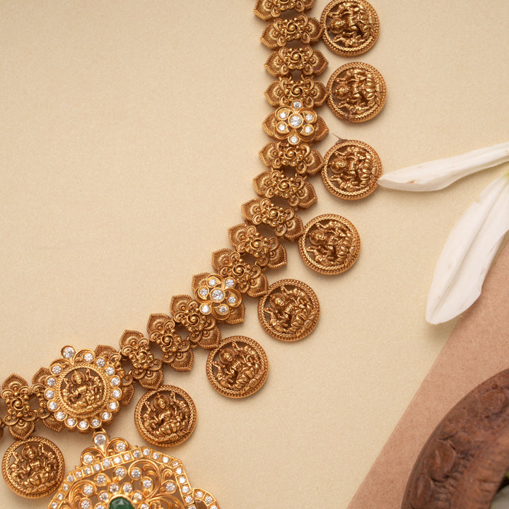 Square Floral Lakshmi Coin Design Golden Necklace