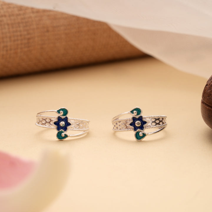 Vibrant Blue Enamel Flower Silver Toe Ring