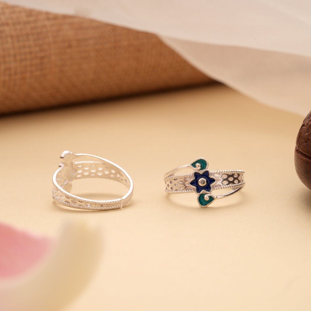 Vibrant Blue Enamel Flower Silver Toe Ring