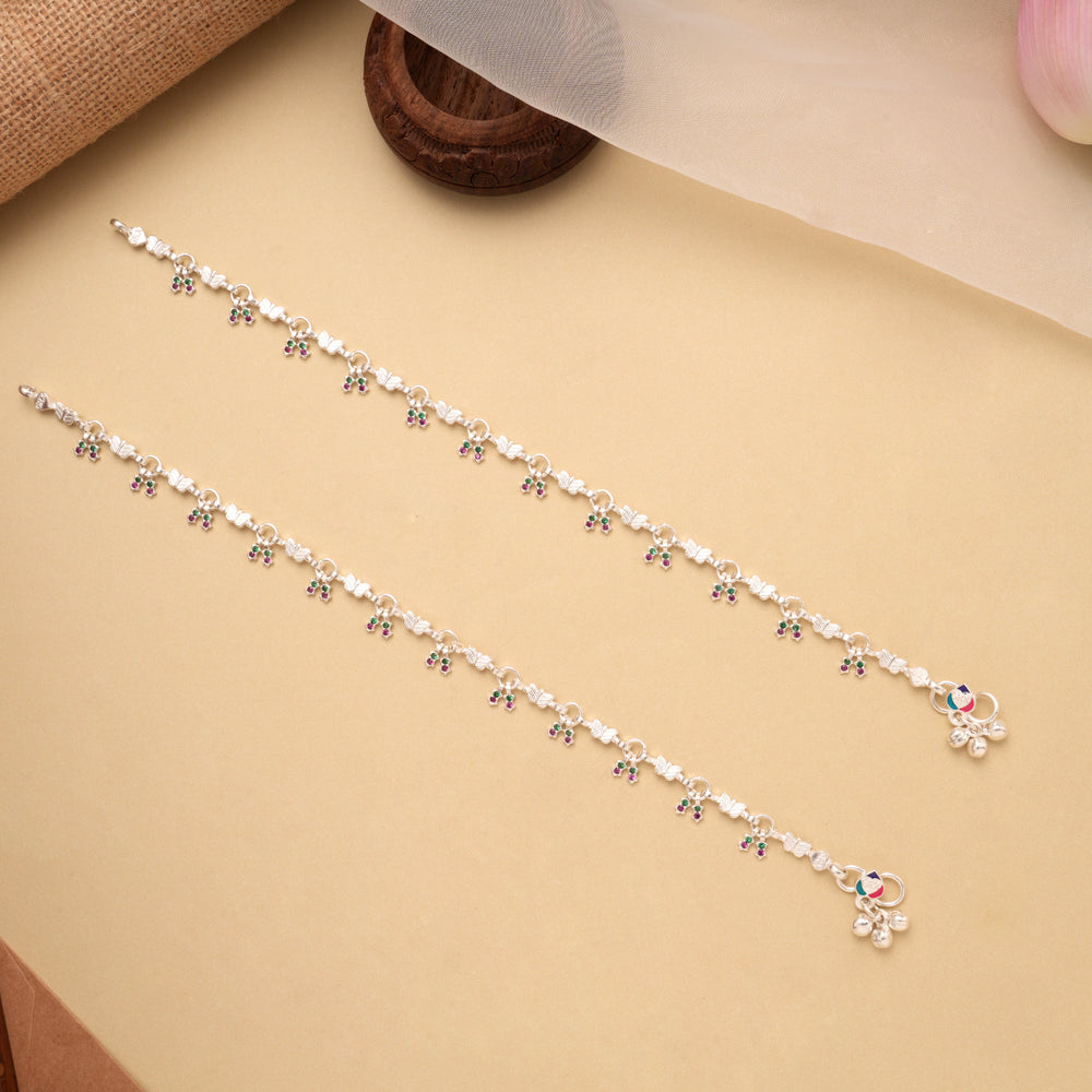 Beautiful Dual Stone Drops Butterfly Silver Anklet