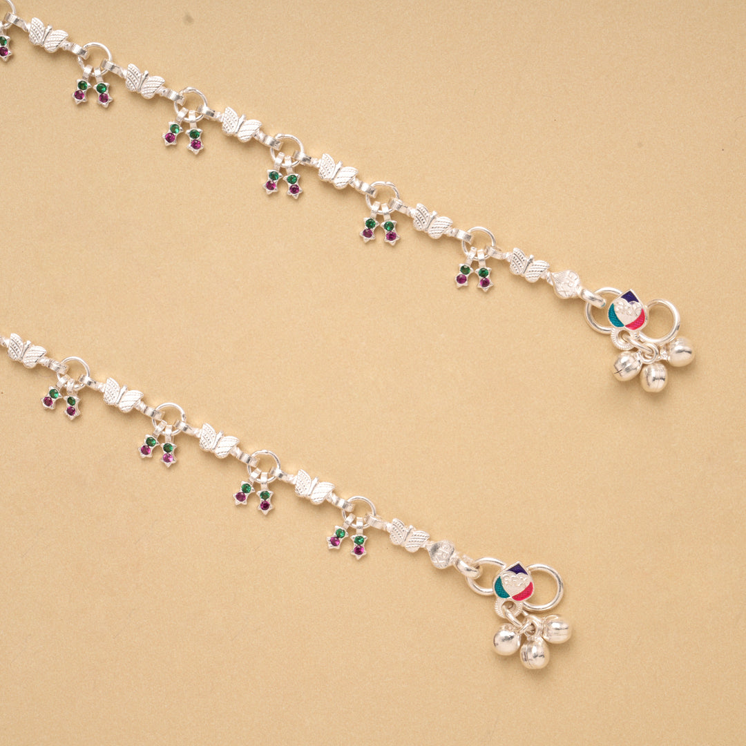 Beautiful Dual Stone Drops Butterfly Silver Anklet