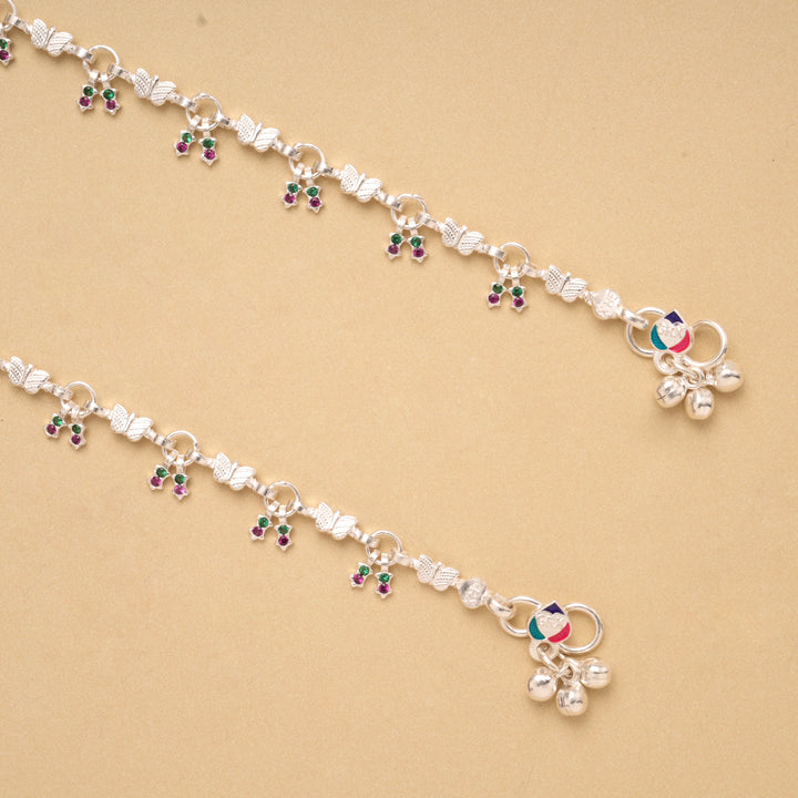 Beautiful Dual Stone Drops Butterfly Silver Anklet
