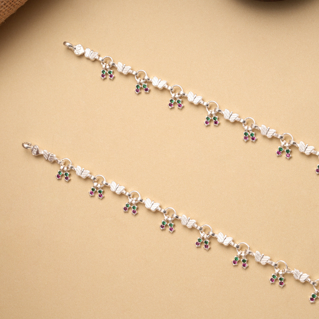 Beautiful Dual Stone Drops Butterfly Silver Anklet