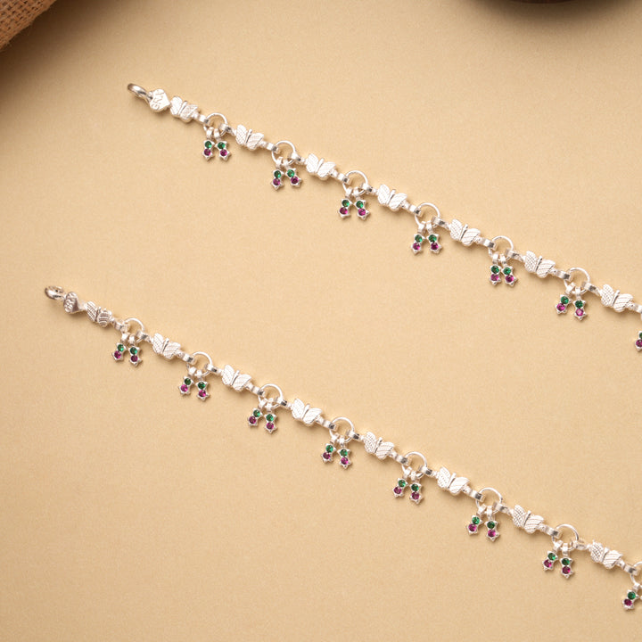 Beautiful Dual Stone Drops Butterfly Silver Anklet