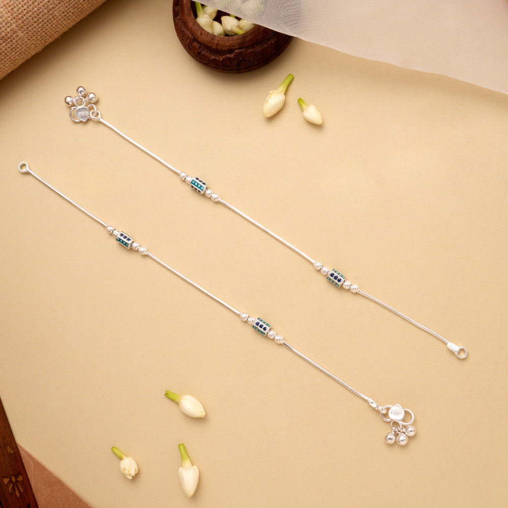 Fancy Color Stone Cylindrical Silver Anklet