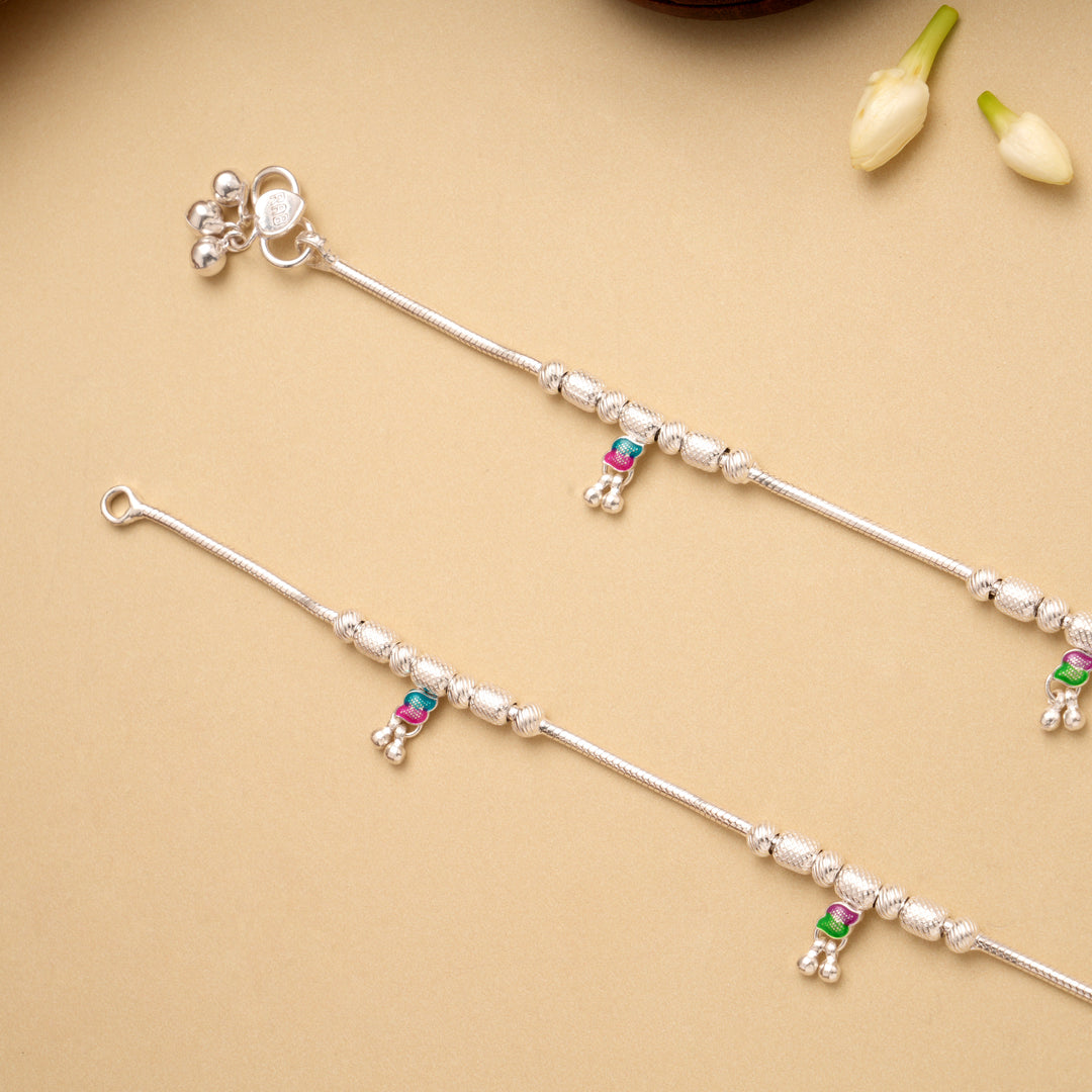 Dual Leaf Drops Ball Design Silver Anklet