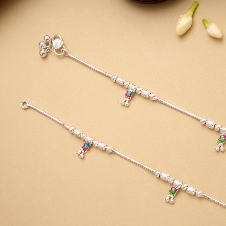 Dual Leaf Drops Ball Design Silver Anklet