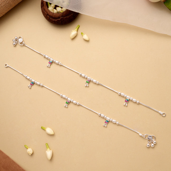 Dual Leaf Drops Ball Design Silver Anklet
