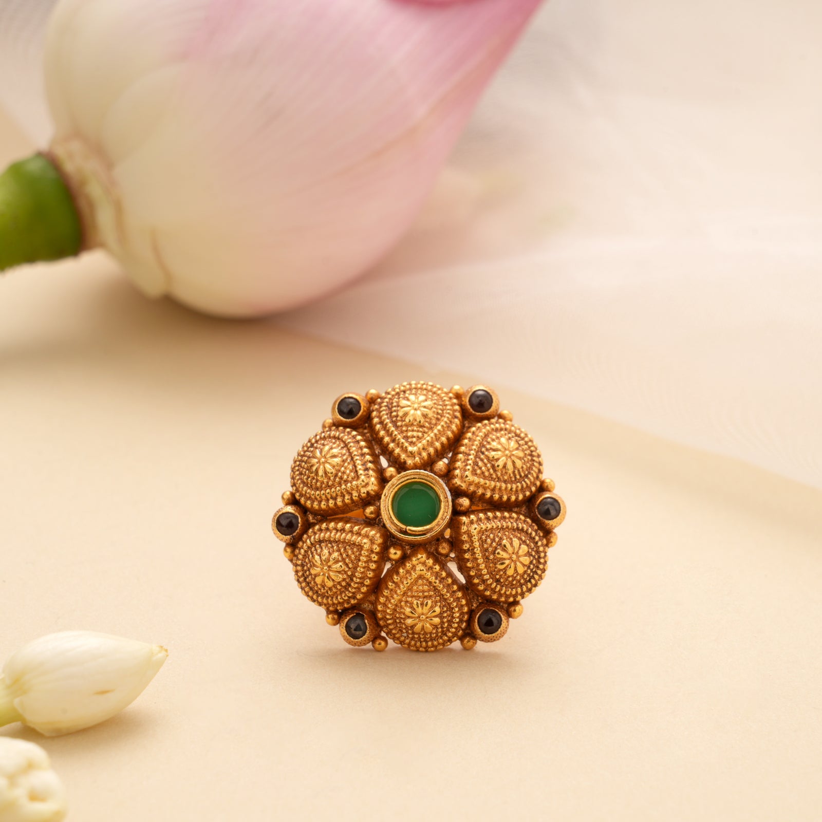 Ethnic Tear Drops Design Stone Golden Adjustable Ring