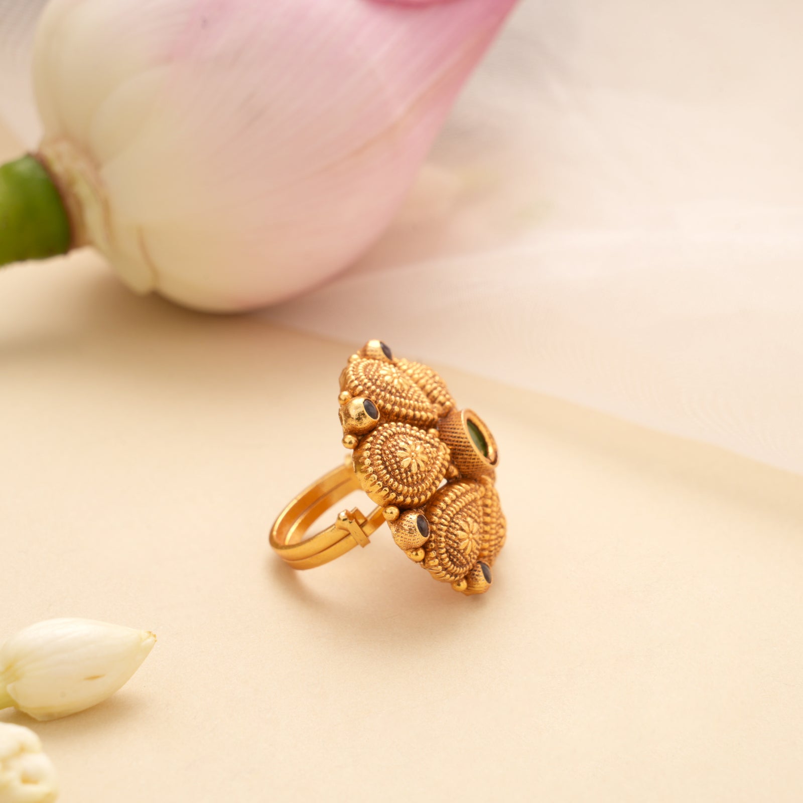Ethnic Tear Drops Design Stone Golden Adjustable Ring