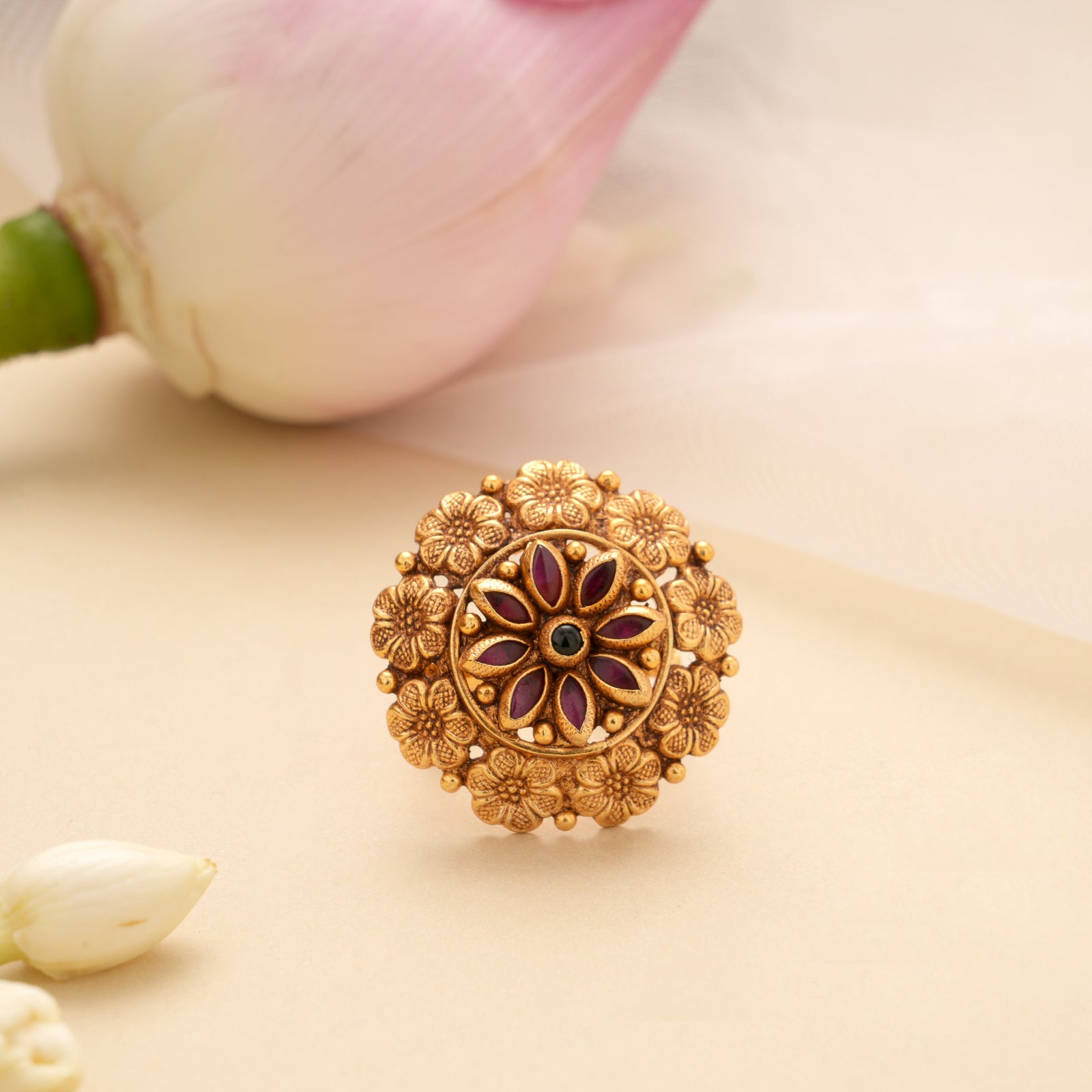Minimal Red Stone Blossom Golden Adjustable Ring
