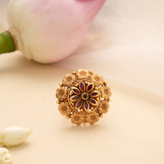 Minimal Red Stone Blossom Golden Adjustable Ring