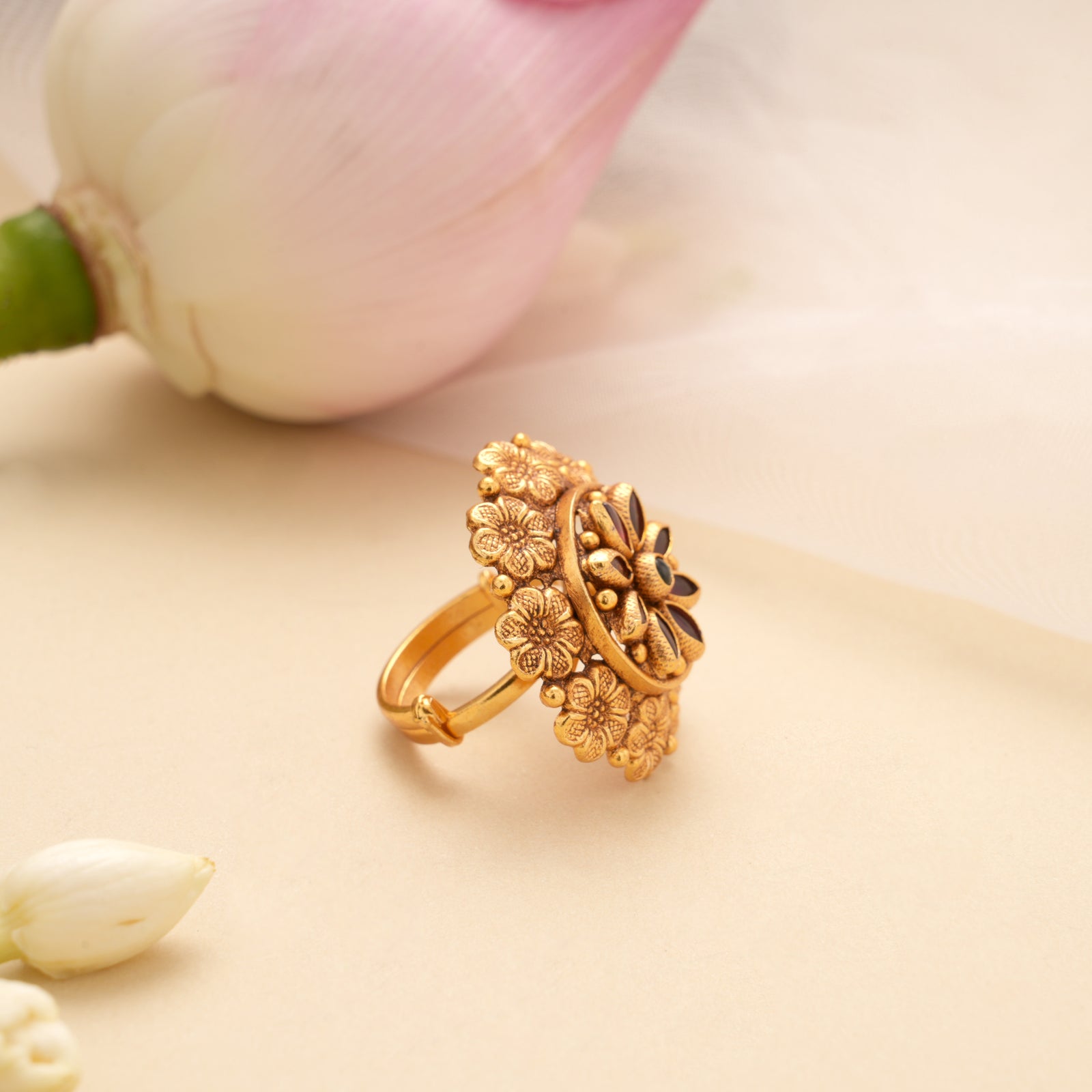 Minimal Red Stone Blossom Golden Adjustable Ring